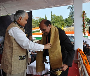 The Governor of Arunachal Pradesh Lt. Gen (Retd) Nirbhay Sharma presenting the State Awards on the occasion of the 29th Statehood Day celebration at Indira Gandhi Park, Itanagar on February 20, 2015.